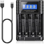 Incarcator baterii reincarcabile, 4 sloturi, Baterii AA AAA 1.5V Li-ion si 1.2V NiMH, Intrare USB-C, afisaj inteligent si sistem de detectare. Negru