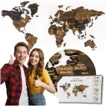 Harta Lumii 3D din Lemn, Culoare Maro inchis, 130x72 cm, Decoratiune Perete cu Orase si Granituri, Puzzle Lemn, Cadou Premium