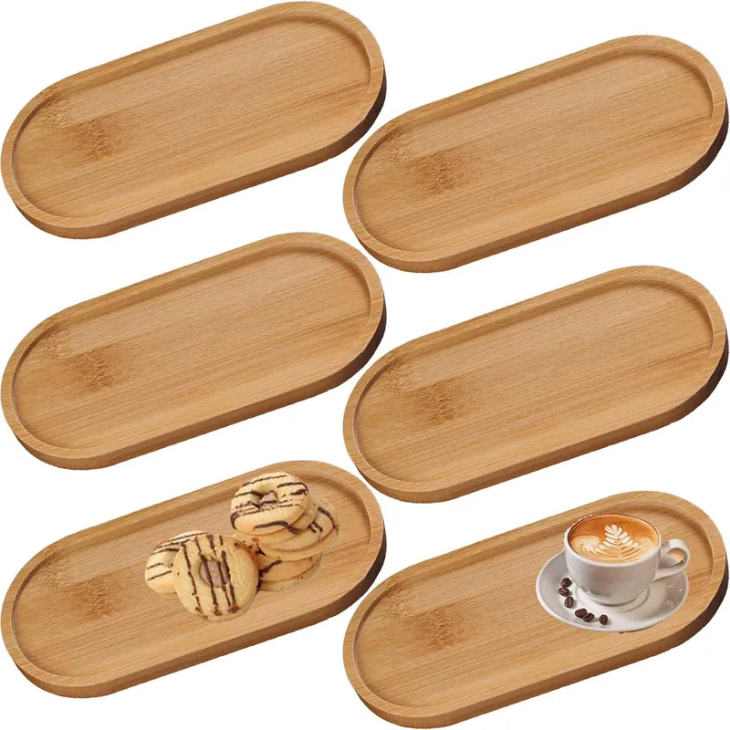 Set de 6 tavi ovali din bambus, tavi din lemn, ComResi®, culoare lemn natural, 17.5x8.8x1cm