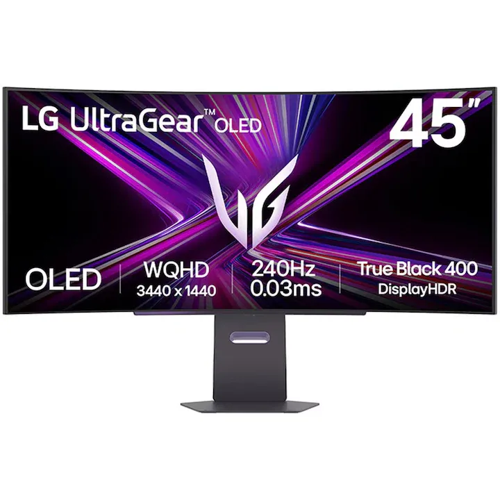 Monitor Gaming LG UltraGear™ 45GX900A-B, 44.5", WQHD (3440x1440), OLED, 240Hz, 0.03ms GtG, curbura 800R, HDR True Black 400, Compatibil G-SYNC, VRR, FreeSync Premium Pro, HDR 10, Black Stabilizer, HDMI, DP, USB-C 65W, Difuzoare 7Wx2, Negru