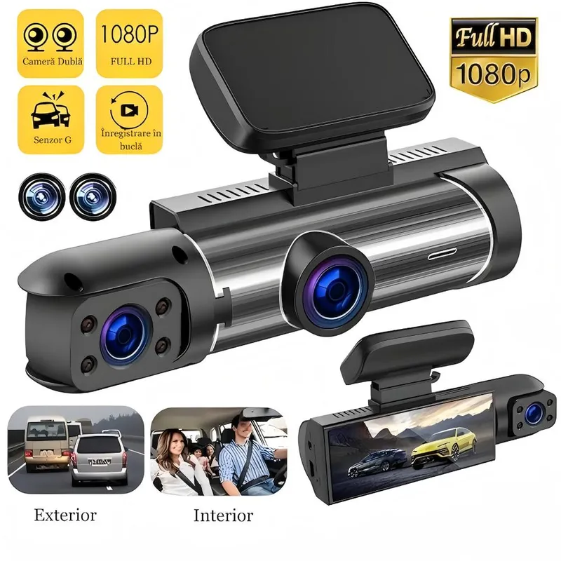 XPQKDC® Camera Auto DVR Duala, Full HD 1080p, Ecran LCD 3.16”, Unghi Larg 170°, Night Vision, Senzor G, Tehnologie HDR, Inregistrare in Bucla, Argintiu
