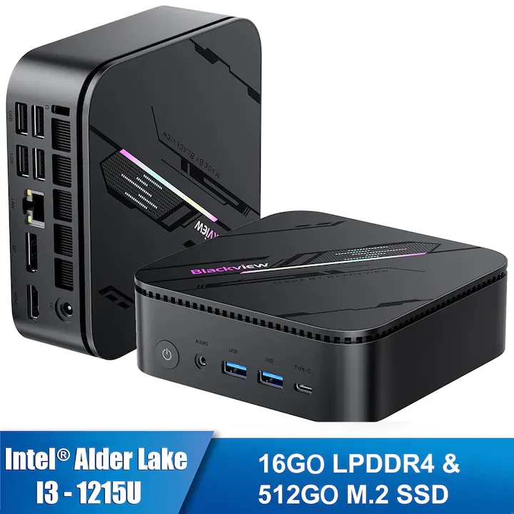 Blackview MP100 Pro Mini PC with, Intel®Alder Lake i3-1215U Mini Desktop Computer, Support Max 4K 60Hz, 16GB RAM 512GB NVMe SSD, Win11 Pro/USB3.0/WiFi 6/RGB Light/HDMI+DP+Type-C, Gris
