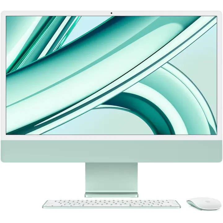 Sistem Desktop PC iMac 24" (2023) cu procesor Apple M3, 8 nuclee CPU si 10 nuclee GPU, 24", Retina 4.5K, 256GB SSD, Green, INT KB