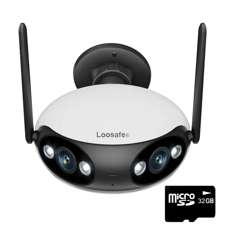 Camera De Supraveghere Dubla Wireless CCTV Loosafe® Double Eagle Plus+, Ultra Wide 180 Grade, 8MP, Exterior / Interior, Ultra HD, 5X zoom, Leduri Lumina, Comunicare Bidirectionala, Senzor Miscare, Functie WiFi, Card 32GB, Alb