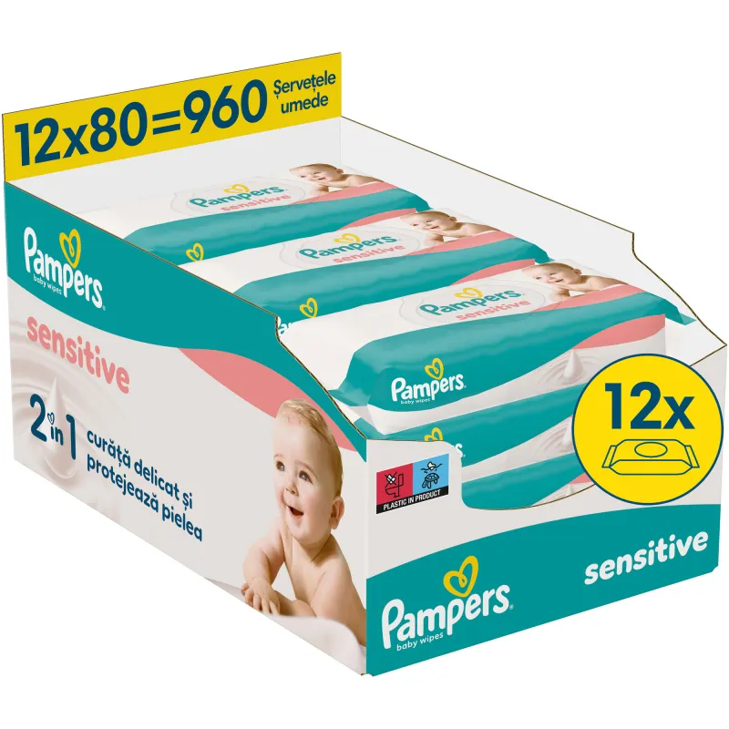Servetele umede Pampers Sensitive, 12 pachete x 80 servetele, 960 bucati