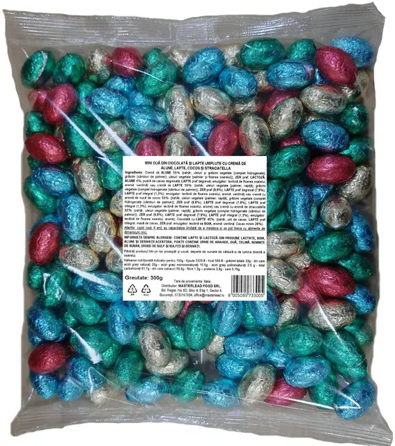 Mini oua din ciocolata si lapte umplute cu crema de alune, lapte, cocos si straciatella Crispo, 300 g