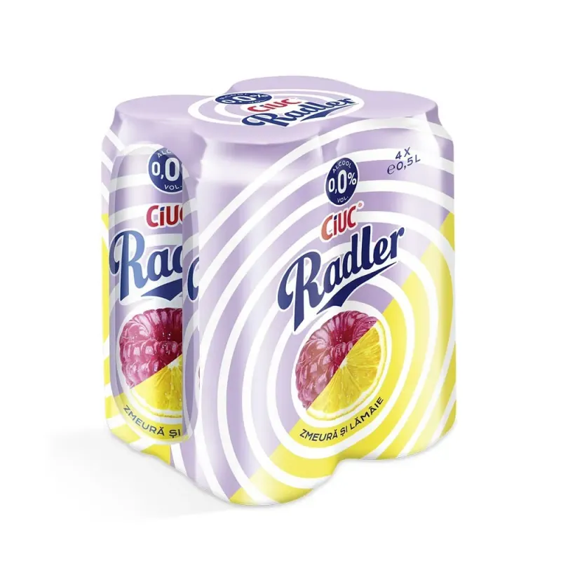 Bere blonda aromatizata fara alcool Ciuc Radler zmeura si lamaie, 4 x 0.5 l