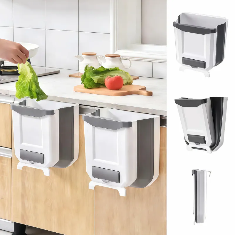Set 2 Cos de gunoi suspendat, Cos gunoi Pliabil, agatare pe dulap, Pliabil, 8L, Pentru Bucatarie/Camping/Masina/Baie/Birou/Dormitor, 22x21x12.5 cm, Alb