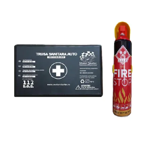 Kit siguranta rutiera Motor Starter™ 5 ani valabilitate: Trusa medicala auto prim ajutor + Stingator auto tip spray 1000 ml