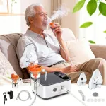 Aparat Aerosoli Profesional MOSMAOO®, Afisaj digital cu LED, Masca Copii si Adulti, Pahar de Nebulizare, Duza inhalare, 3 nivele nebulizare, Super silentios, Usor si portabil, Alb/Gri