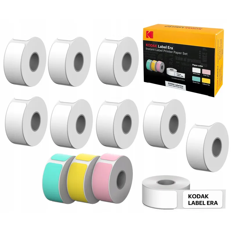 Set 12 role etichete autoadezive Kodak pentru imprimanta ERA M50, 9 albe, 1 roz, 1 verde, 1 galben, 13x30mm