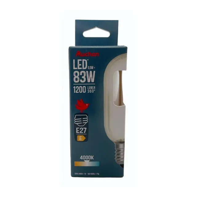 Bec LED  Auchan, E27, 9.5 / 83 W, T45, lumina rece