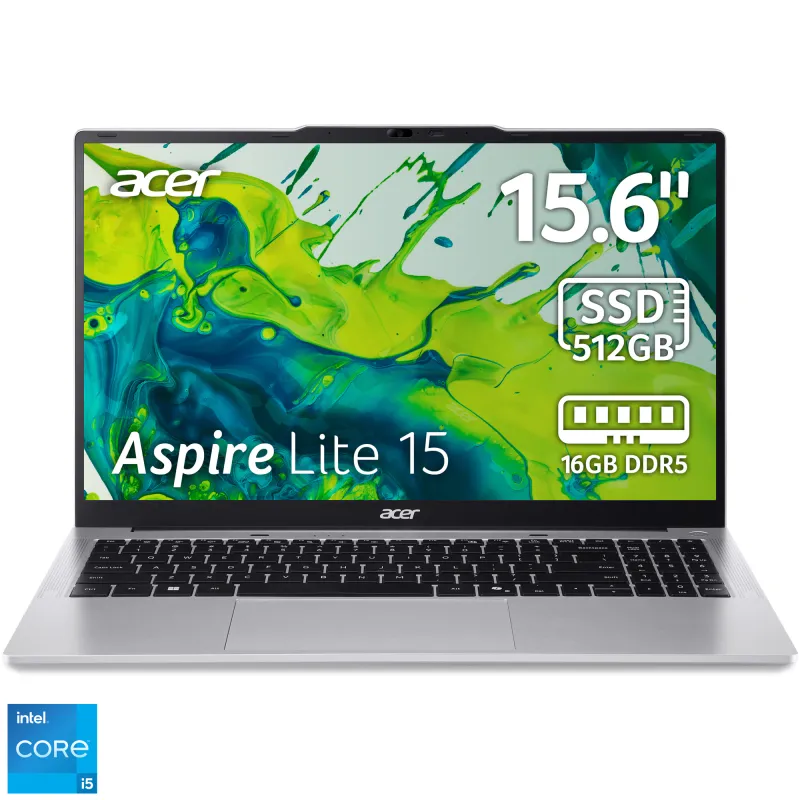 Acer Aspire Lite 15 AL15-72P-595Y cu procesor Intel® Core™ i5-13420H pana la 4.60GHz, 15,6" Full HD, IPS, 16GB DDR5 RAM, 512GB SSD, Intel® UHD Graphics, No OS, Pure Silver