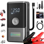 Starter auto Portabil cu Compressor Multifunctional 4in1, 12V, Wireless cu Baterie 6000mAh, pentru motor Benzina sau Diesel, Pompa Anvelope Dasbo® 150 PSI, Starter Baterie, Power Bank, Lanterna LED, Display Digital, Portabil, Clesti inteligenti inclusi