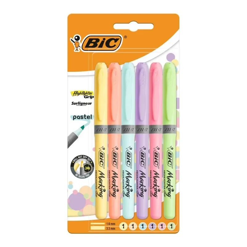 Evidentiator Brite Liner Grip Pastel, Bl/6, Culori bleu, galben pal, roz pal, lime, violet, corai