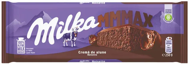 Ciocolata cu lapte si crema de alune Milka MMMAX, 250 g