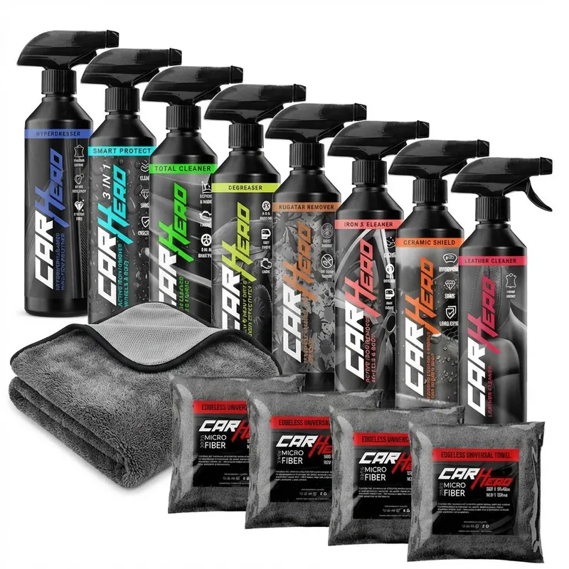 Pachet Mega XL, Car Hero, Leather Cleaner, Ceramic Shield, Iron X, Bug and Tar, Degreaser, Total Cleaner, Smart Protect V2.0, Hyperdresser, Prosop Ultra Abosrbant Gri, 4 Lavete Microfibra, Solutii profesionale Detailing Auto, 500ml fiecare