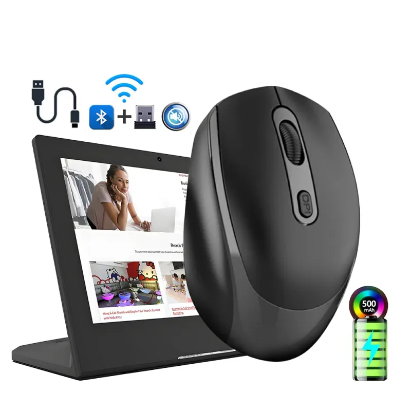 Mouse Wireless Fbirddek® 256 Bluetooth 5.2 si 2.4GHZ, Receptor USB, Mut, 4 Butoane, Reglabil 1000/1200/1600DPI, Ergonomic, Pentru laptop PC Mac, 500mAh, Negru