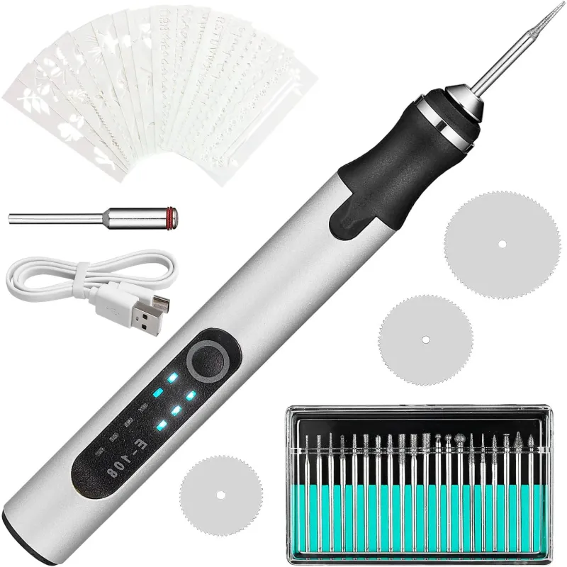 Unealta pentru gravat, Aisdelu®, 20 de burghie, 16 Sabloane de gravura, 3 discuri de taiere, incarcare USB, Argintiu