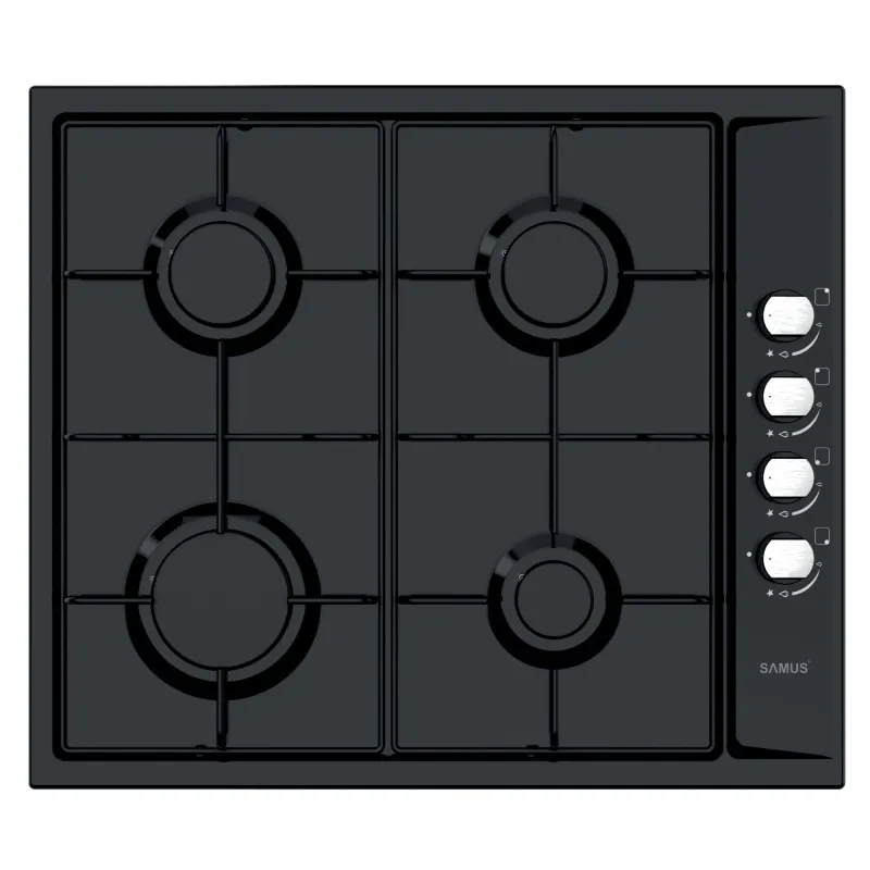 Plita incorporabila Samus PSG-64SB, Latime 58 cm, 4 arzatoare pe gaz, Gratare metalice, Aprindere electrica, Negru