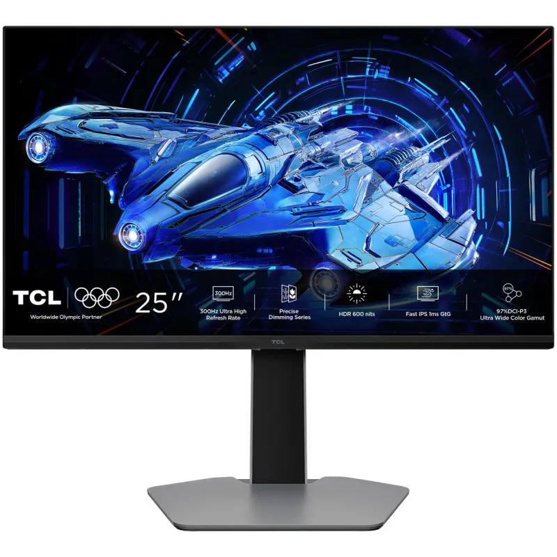 Monitor Gaming QD-Mini LED TCL 25G64, 24.5", Full HD (1920x1080), Fast-IPS, 300Hz, 1ms GTG, AMD FreeSync™ Premium, G-Sync Compatible, HDR600, Flicker Free, Low Blue Light, 2x HDMI 2.1, DisplayPort 1.4, Jack, VESA 100x100mm, Pivot, Negru/Gri