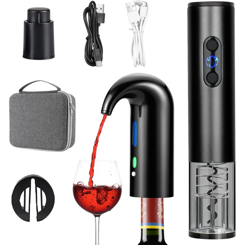 Set Aerator Electric Giftry®, Decantor pentru vin, Tirbuson electric, Accesoriu taiat folie, Dop vacuum, reincarcabil USB, Negru