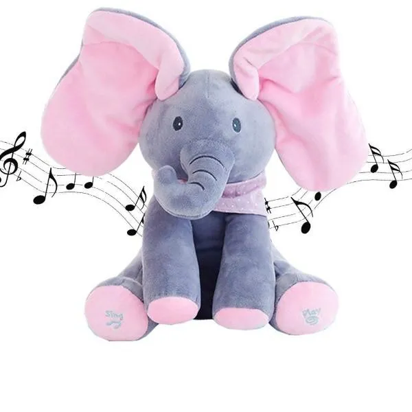 Jucarie de plus, interactiva si muzicala, elefant cantaret si vorbitor, se ascunde si misca urechile, peek a boo, pentru copii de la 3 ani in sus, 30cm - TRUMPY roz