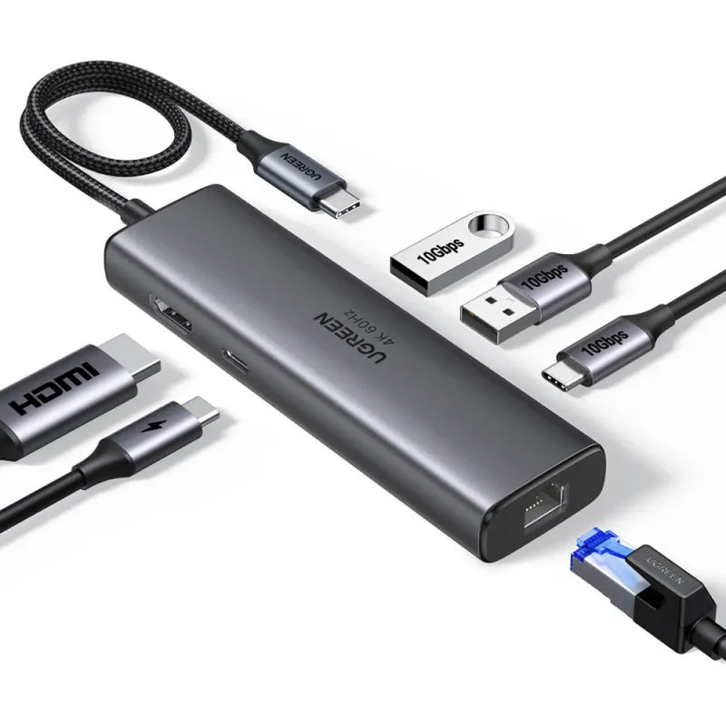 Adaptor HUB UGREEN 6-in-1, 1 x USB-C 100W, 2 x USB 3.2, 1 x HDMI 4K 60Hz, 1 x RJ45 Gigabit, USB-C 3.2, Aluminiu – Gri