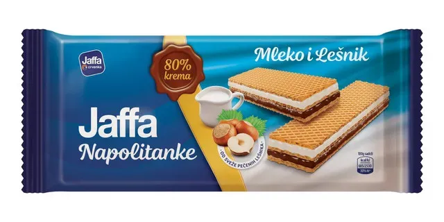 Napolitane cu crema de lapte si alune de padure Jaffa, 187 g