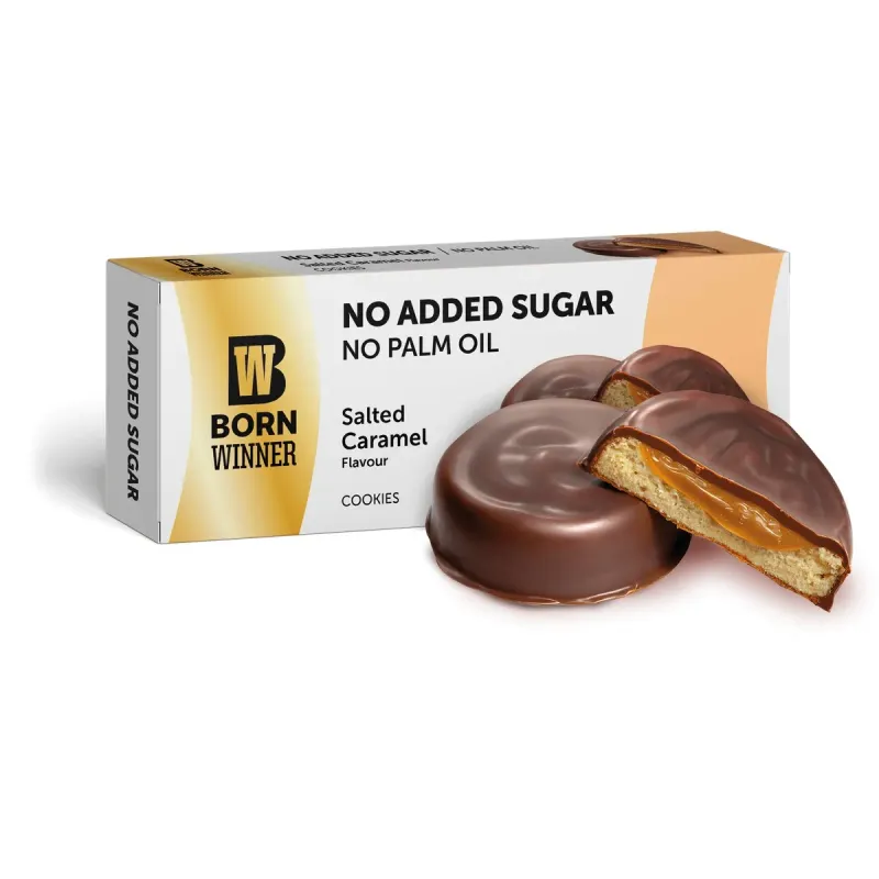 Biscuiti cu umplutura cu crema cu caramel sarat Born Winner, fara zahar adaugat, 100 g