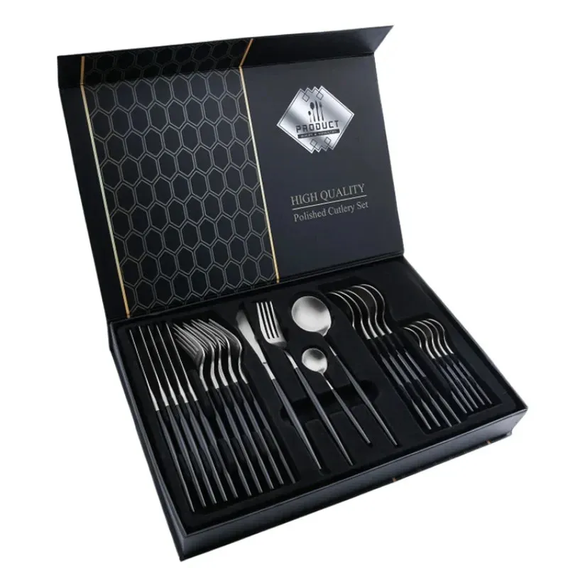 Set tacamuri portugheze, Silver Collection, 24 piese, otel inoxidabil, design elegant argintiu/negru, PYKA, negru