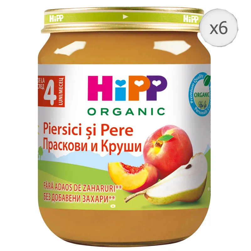 Pachet Piure de Fructe HIPP, Piersici si Pere, 125 g, de la 4 luni, 6 buc