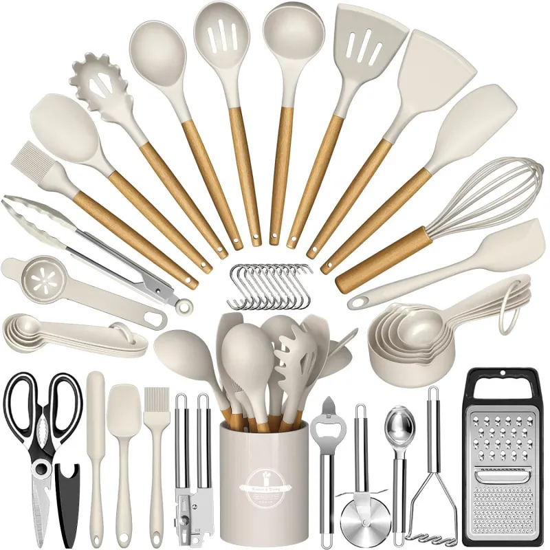 Set 34 Ustensile de Bucatarie, YeeLei®, Lemn/Silicon, Cutite si Accesorii pentru Gatit, cu Lingurita Masurat, Tel Oua, Spatula, Foarfeca, Suport Blat, Antiaderente, Termorezistente, Kaki