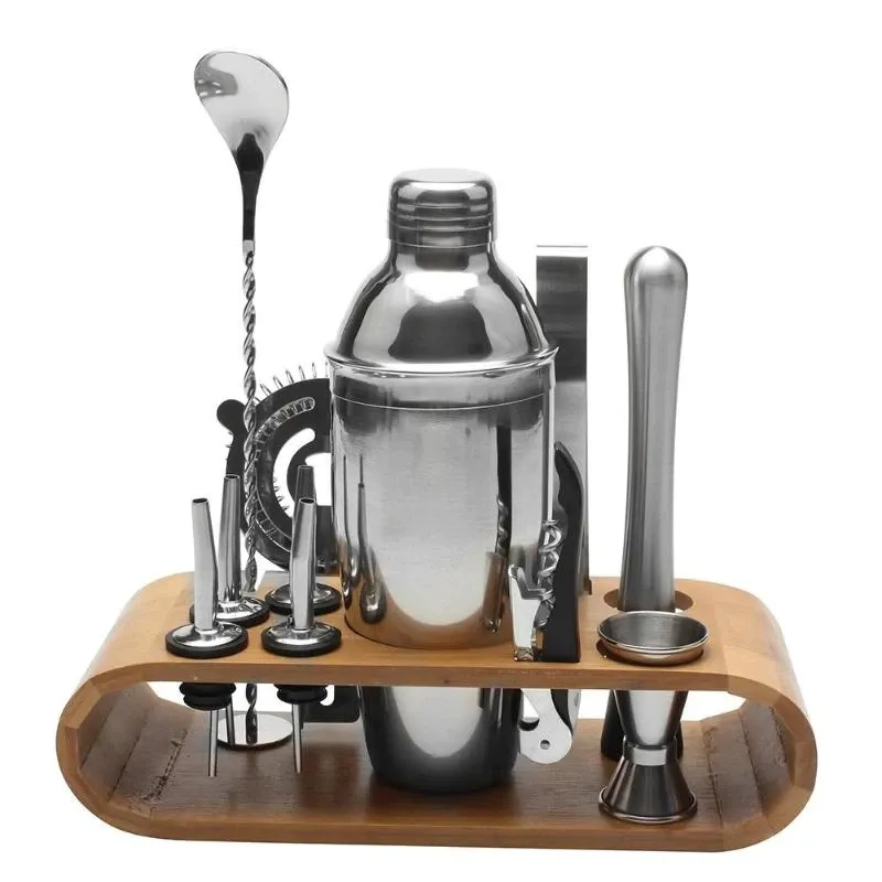 Set de Barman Profesional Premium cu Suport de Bambus Elegant 12 Piese, Inox, Ustensile Complete Mixologie Cocktailuri Bauturi Perfecte, Accesorii Bar Home Bar Cadou Ideal Pasionati
