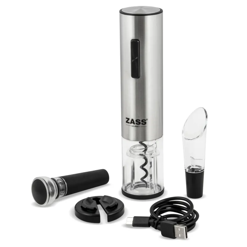 Set deschizator de vin electric Zass Gourmet ZEWS 03, Materiale ABS si PC, Incarcare USB, Accesoriu taiere folie, Picurator si dop de vidat, Argintiu