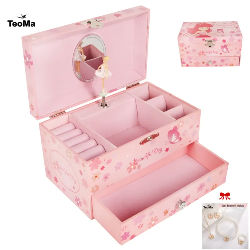 Cutie Muzicala Bijuterii TeoMa, Balerina Rotativa, Oglinda, Sertar, 2 Suporturi Inele/Cercei, Set Bijuterii Inclus, Design interactiv, Joc rol, Cadou fetite 3+, Cadou 1, 8 Martie, Printesa Zambitoare, Roz