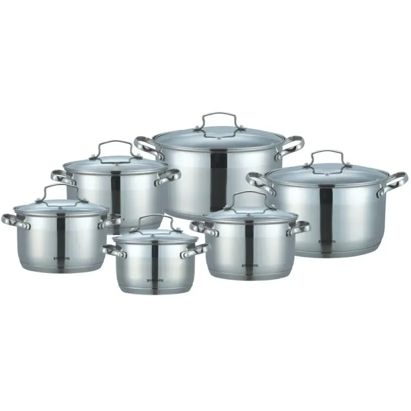 Set oale din inox 12 piese Bohmann 2.1L, 2.9L, 3.9L, 5L, 6.6L, 7.7L, cu capace din sticla, 7 straturi, interior gradat, inclusiv inductie