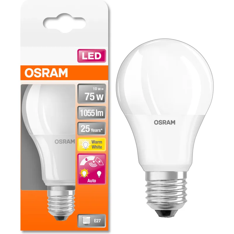 Bec LED Osram LED STAR+, A75, cu senzor de lumina, E27, 10W (75W), 1055 lm, lumina calda (2700K), clasa energetica F