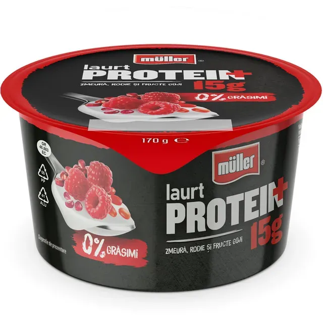 Iaurt proteic cu zmeura, rodie si goji Muller, 170 g