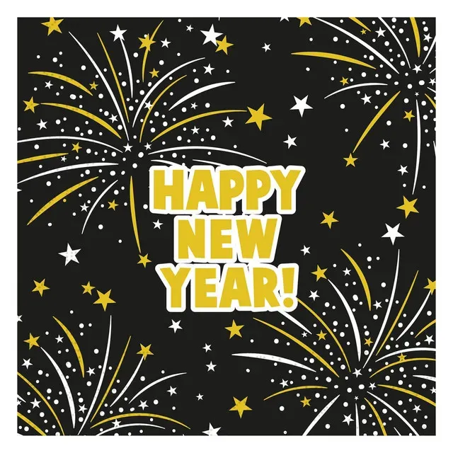 Set 20 servetele Happy New Year, 33 x 33 cm, negru/auriu