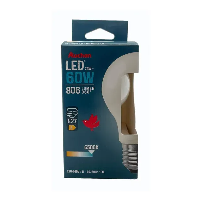 Bec LED Auchan, E27, 7.3 / 60 W, lumina super rece
