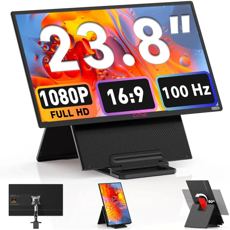Monitor Portabil si Extensibil de 23.8 inch, Qova®, Ecran IPS, Full HD 1080p, 100Hz, 300 Nits, 120% sRGB, raport 16:9, Difuzor integrat, Conectivitate USB-C/HDMI, Plug & Play, Compatibil PC, laptop, console, rotatie de 90°/inaltime reglabila/pliabil
