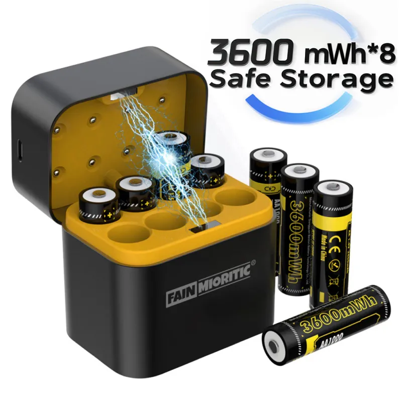 Cutie integrata de incarcare rapida integrata，Set de 8 Baterii AA reincarcabile cu litiu si incarcatoare rapid, acumulatori, Baterie reincarcabila AA de 1.5 V, 3600 mWh, Durata de viata de peste 1000 de cicluri