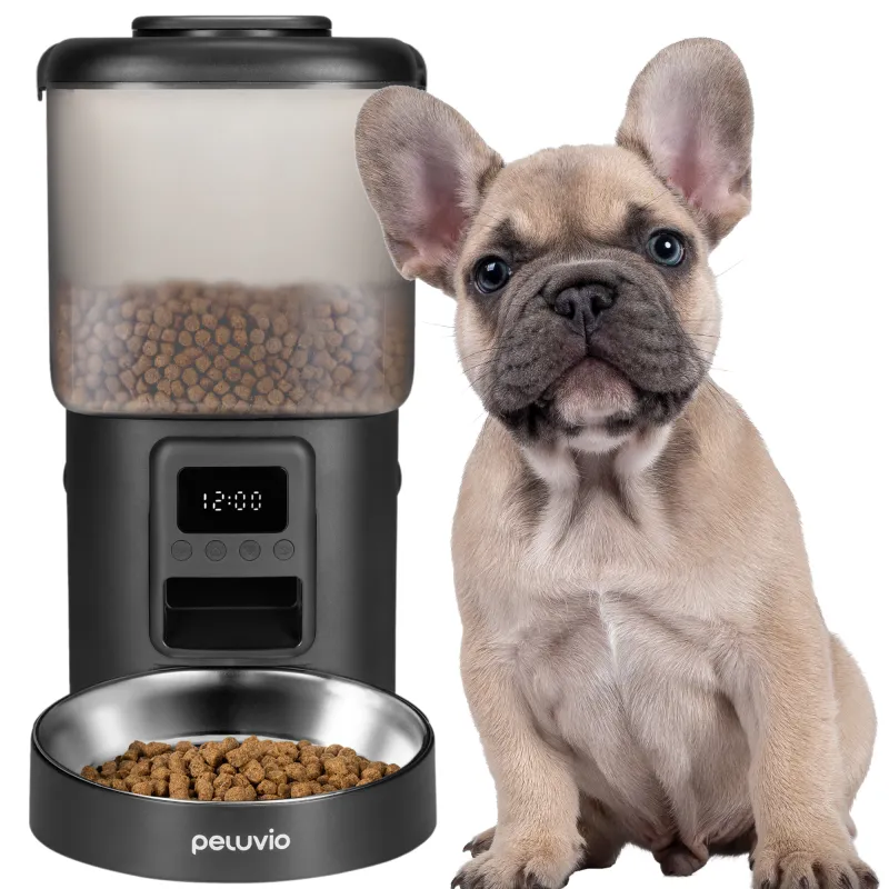 Hranitor Automat, Dozator de hrana pentru caini si pisici Peluvio CRISPY, LCD, Cronometrul, Alimentare de urgenta, 2x absorbante de umiditate, Bol igienic, Sarma anti-muscatura, 4,5L, Controlul portiilor, Programare automata, Negru