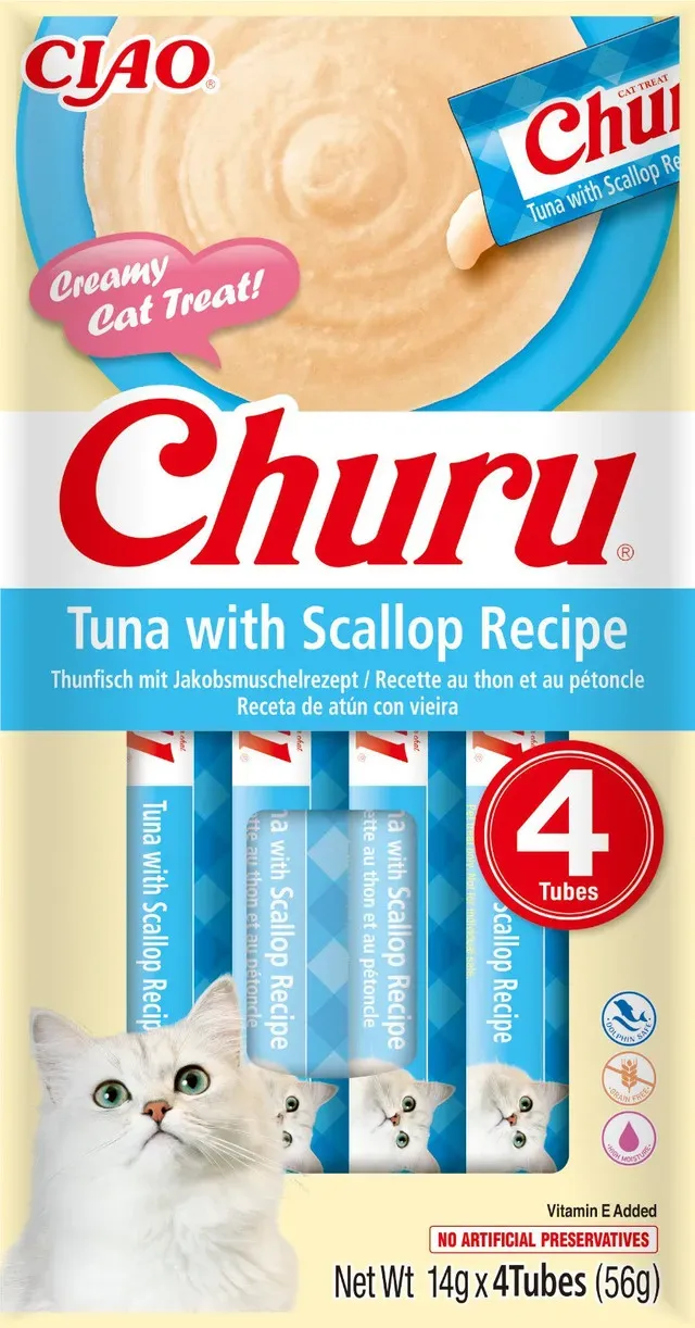 Recompense cremoase pentru pisici Inaba Churu, ton si scoici, 4 x 14 g