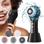 Set aparat de curatare faciala electric, MOSMAOO®, Exfoliere, Masaj si Curatare Profunda, Demachiant Facial, IPX7 Impermeabil, 5 Capete de Curatare, 3 Viteze Reglabile, Functionare Wireless, Negru mat