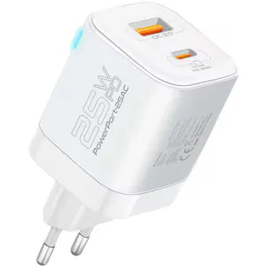 Incarcator retea PROMATE PowerPort-25AC, 1xUSB-C Power Delivery 25W, 1xUSB-A Quick Charge 18W, alb