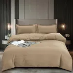 Lenjerie de Pat Dublu, Cearsaf cu Elastic, Damasc, Uni, 4 piese, 180x200cm, Cafea cu Lapte