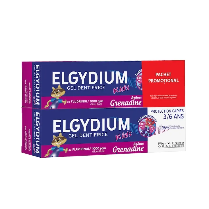 Pachet Elgydium Kids Pasta de dinti pentru copii cu aroma de fructe de padure 3-6 ani, 50ml+50ml
