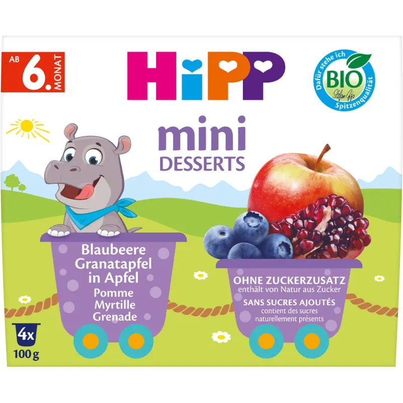 Mini desert cu mere, afine si rodie Hipp Bio, de la 6 luni, 4 x 100 g